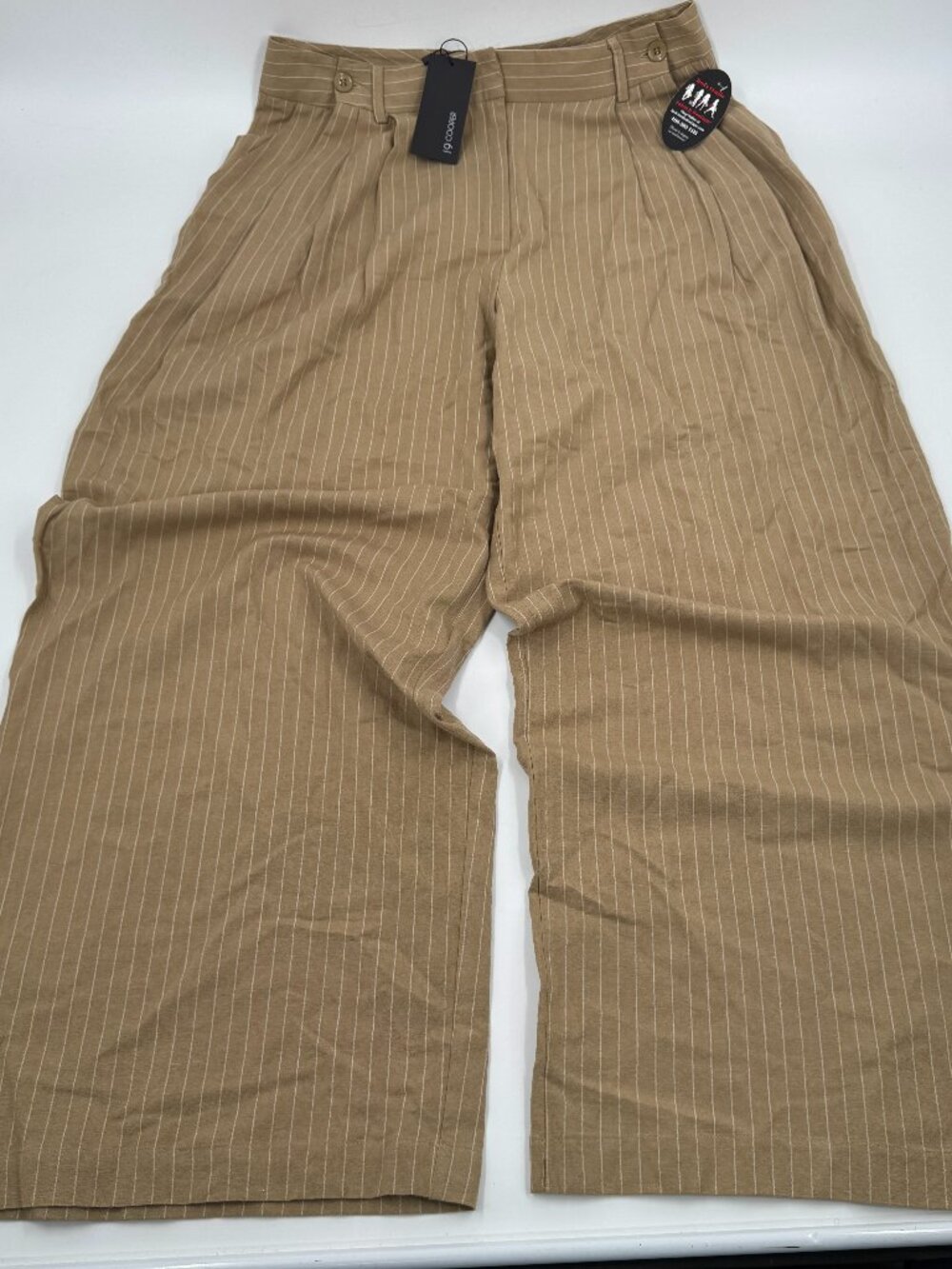 19 Cooper Pinstripe Wide Leg Pants Womens XL Tan High Rise Pleated Linen Blend